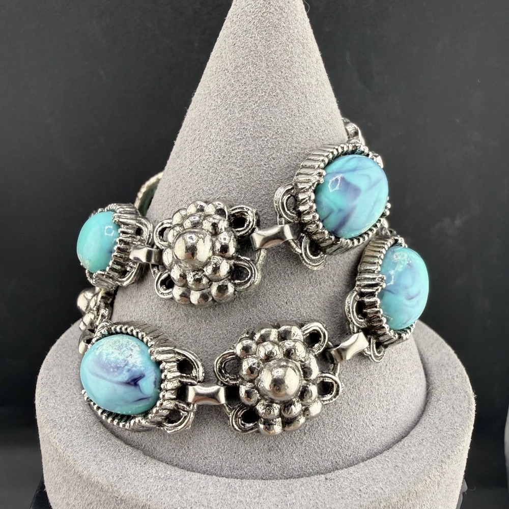 Estate Bracelet Silver Faux Turquoise Western Floral 7.5in
